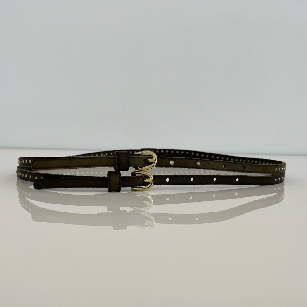 KHAKI STUDDED LEATHER DOUBLE BUCKLE BELT